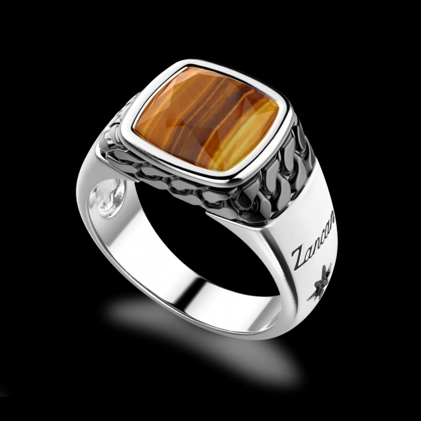 Zancan Gioielli Anello In Argento Bianco E Nero Con Occhio Di Tigre Naturale.> Anelli
