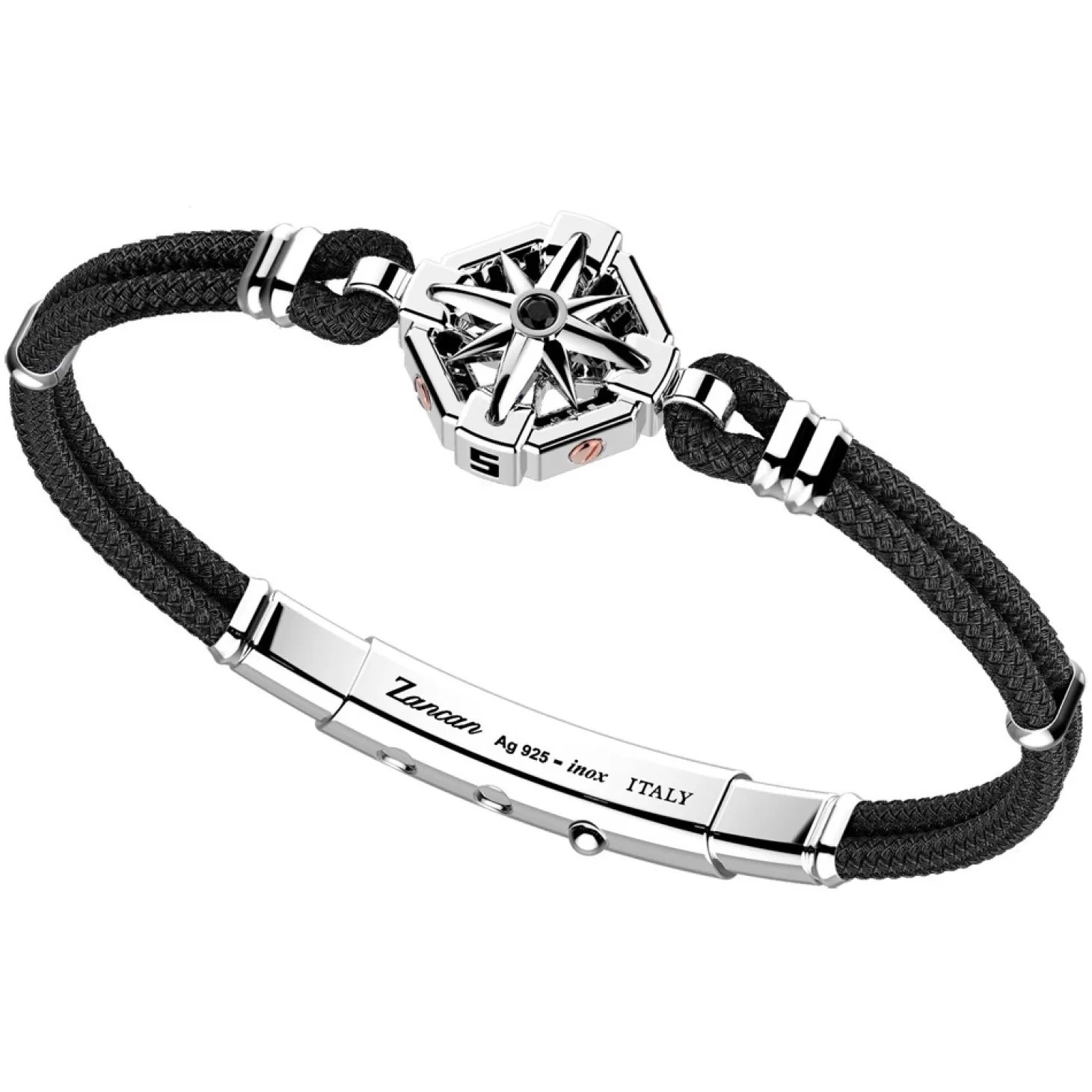 Zancan Gioielli Bracciale Zancan In Kevlar Con Rosa Dei Venti In Argento E Pietra Nera.> Bracciali
