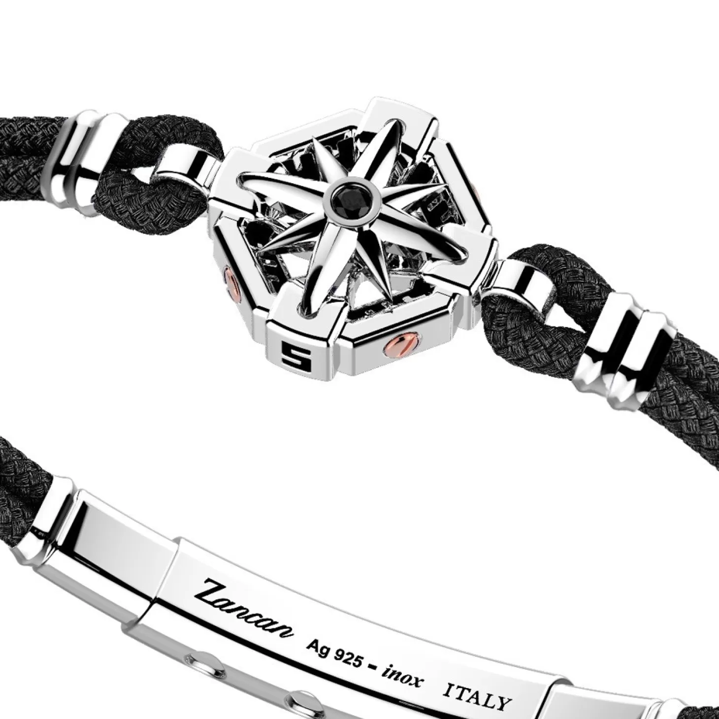 Zancan Gioielli Bracciale Zancan In Kevlar Con Rosa Dei Venti In Argento E Pietra Nera.> Bracciali