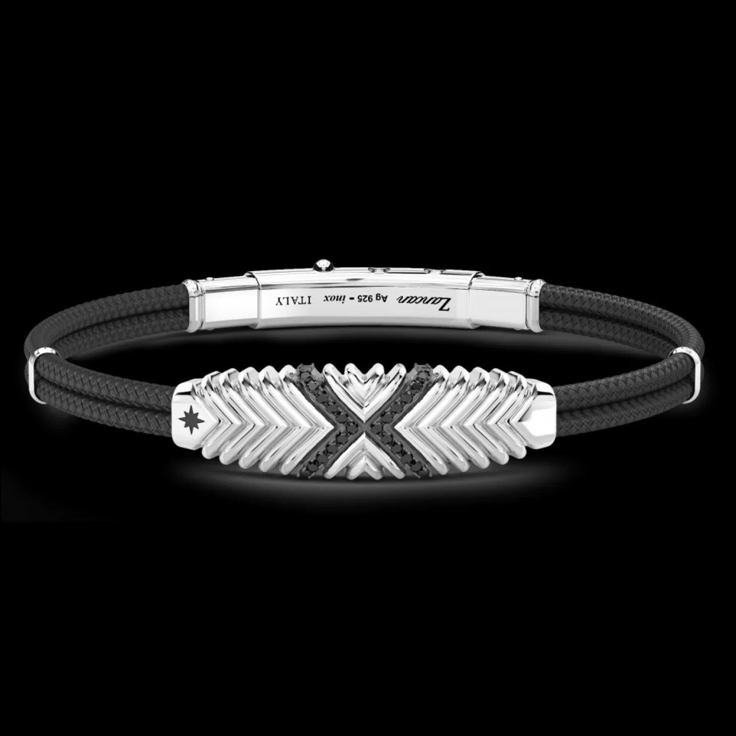 Zancan Gioielli Bracciale Zancan In Kevlar Con Targa In Argento E Pietre Nere.> Bracciali